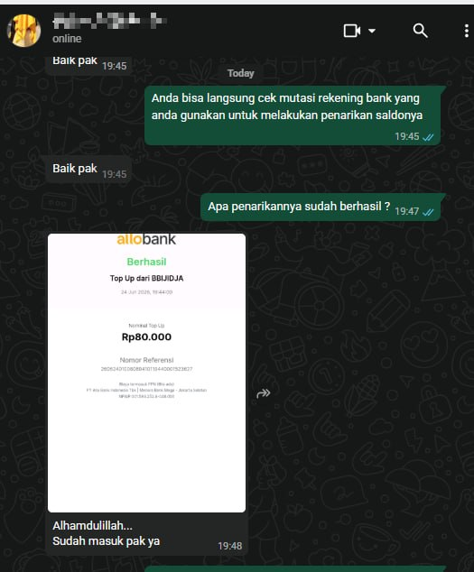 Bukti top up berhasil di Allo Bank
